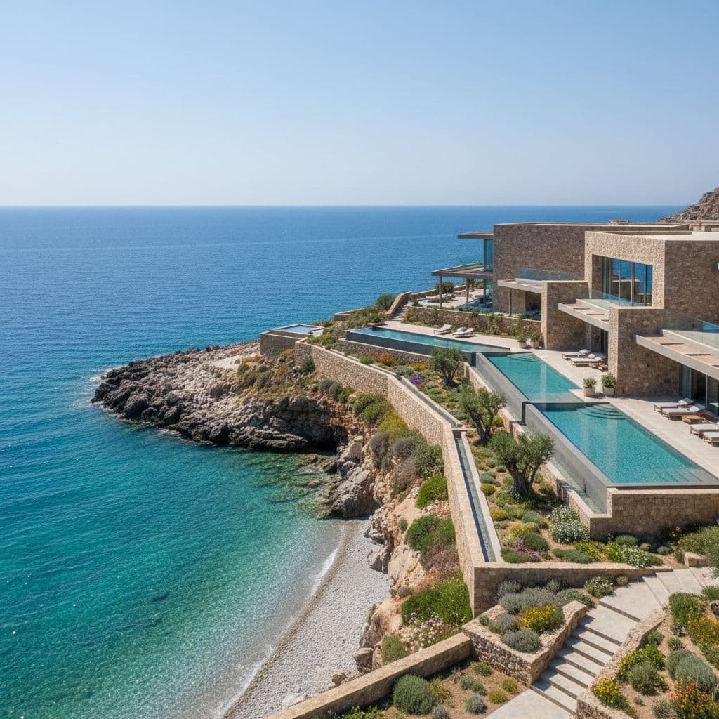 A sleek stone resort building features clean architectural lines overlooking the azure Mediterranean Sea. Landscaped terraces and tiered infinity pools descend toward a private, rocky cove under bright, clear sunlight.