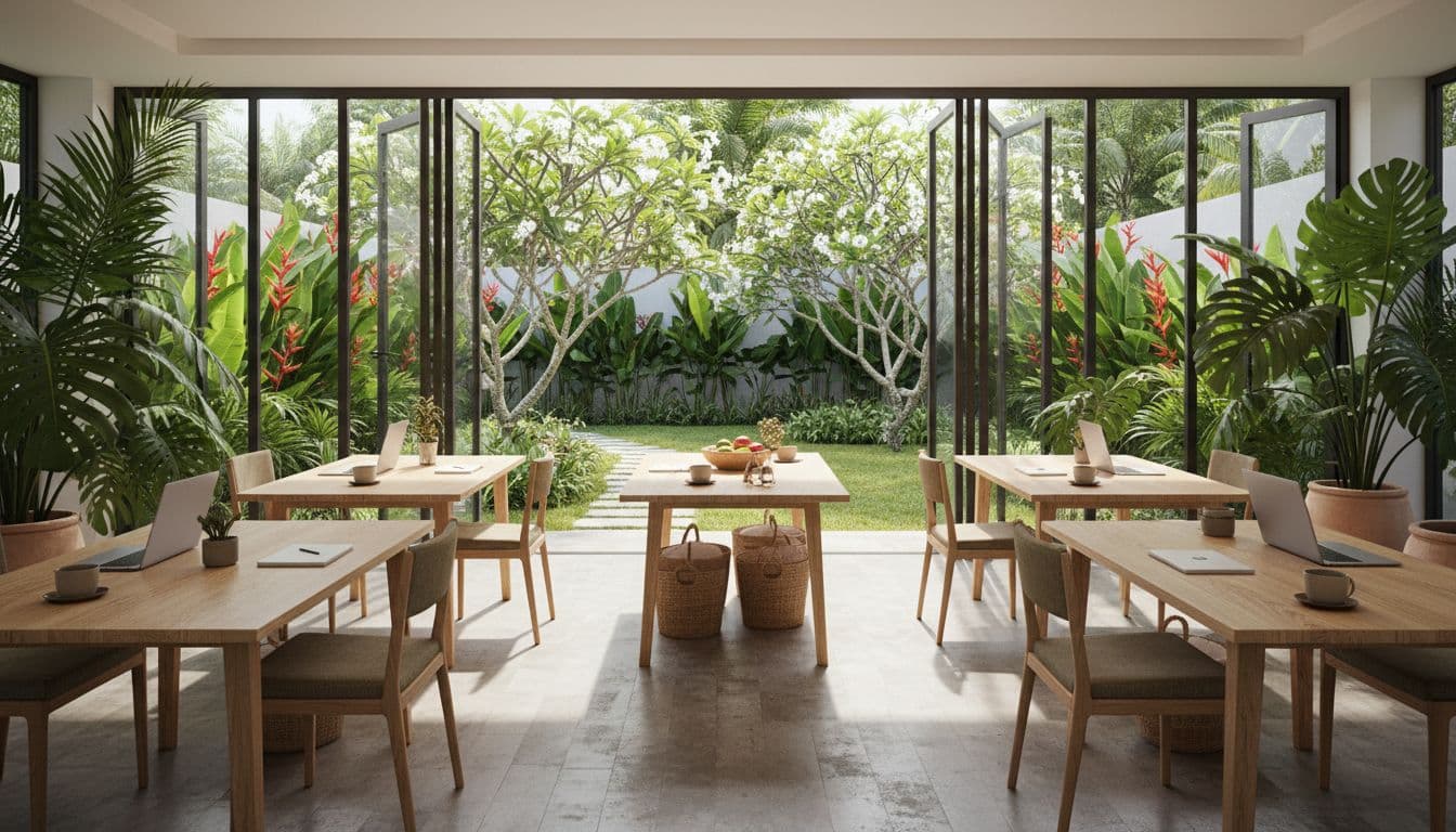 An airy coworking area features wooden desks and lush indoor plants bathed in natural light.