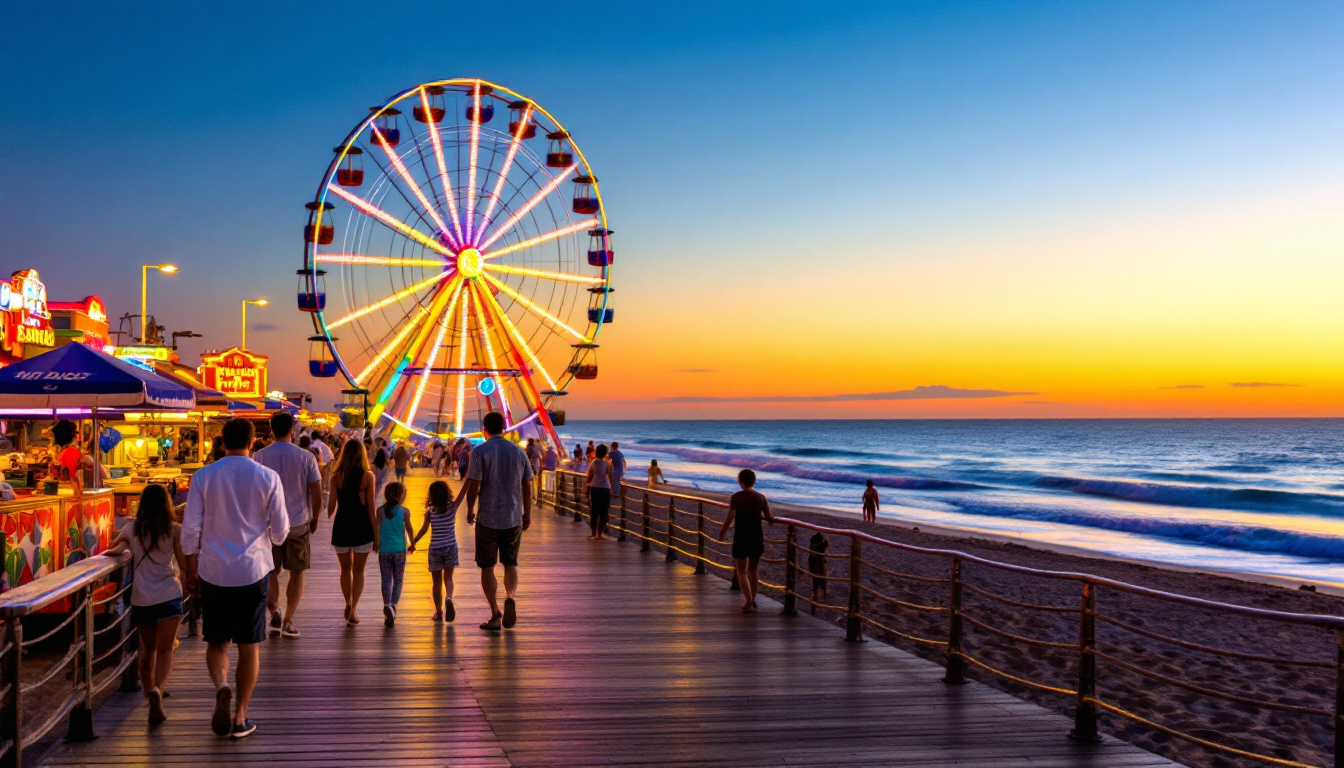 Myrtle Beach boardwalk at sunset with a family enjoying the Ferris wheel and the lively scene. Image created with AI.