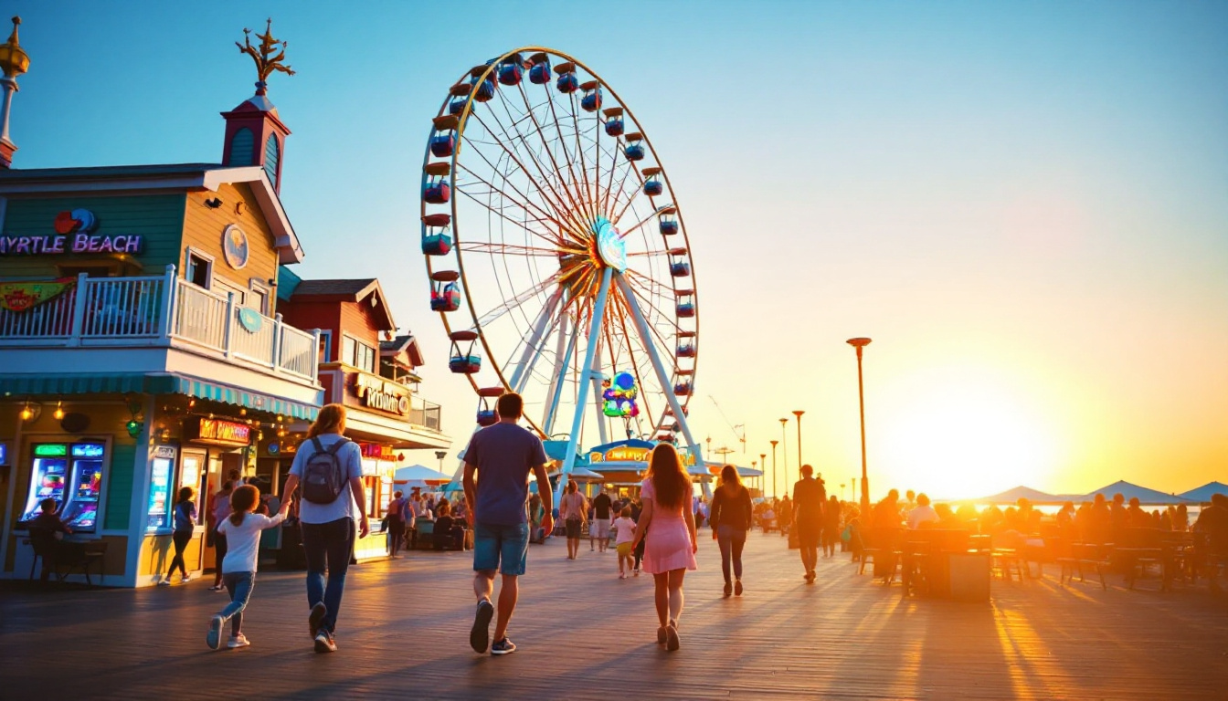 Myrtle Beach boardwalk at sunset, family walking as the SkyWheel lights up behind them, capturing the city’s extra energy and budget fun. Image created with AI.