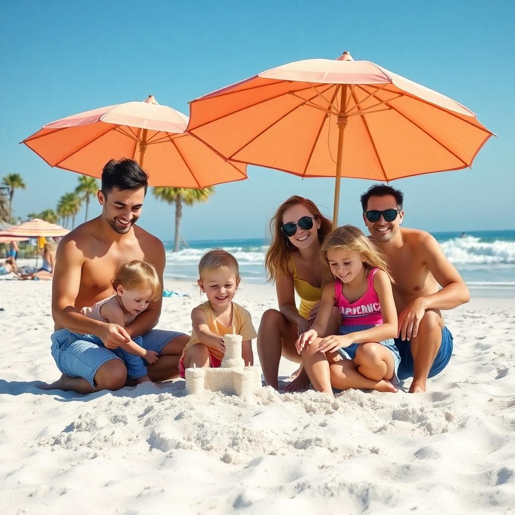 Family building sandcastles on a sunny Myrtle Beach day, a classic budget-friendly spring break moment