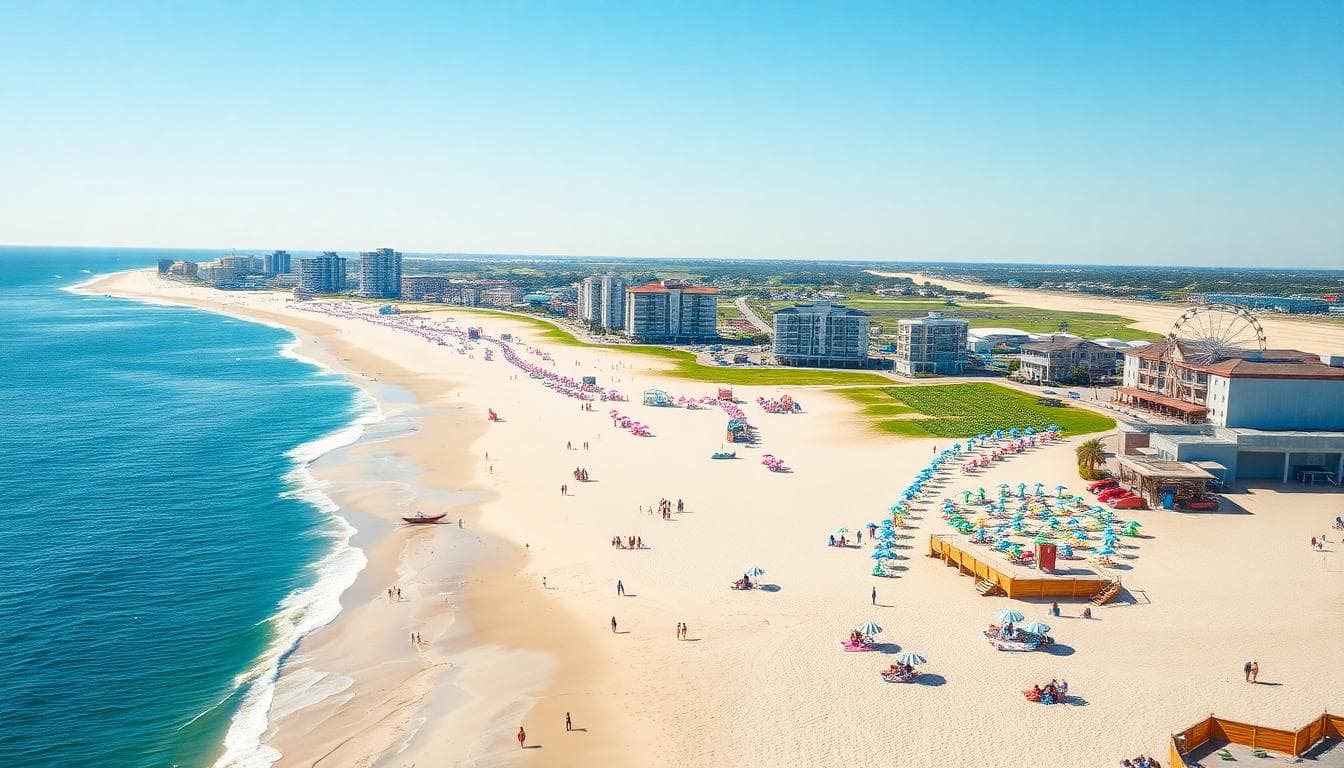 Myrtle Beach Grand Strand with colorful umbrellas, boardwalk, and family attractions