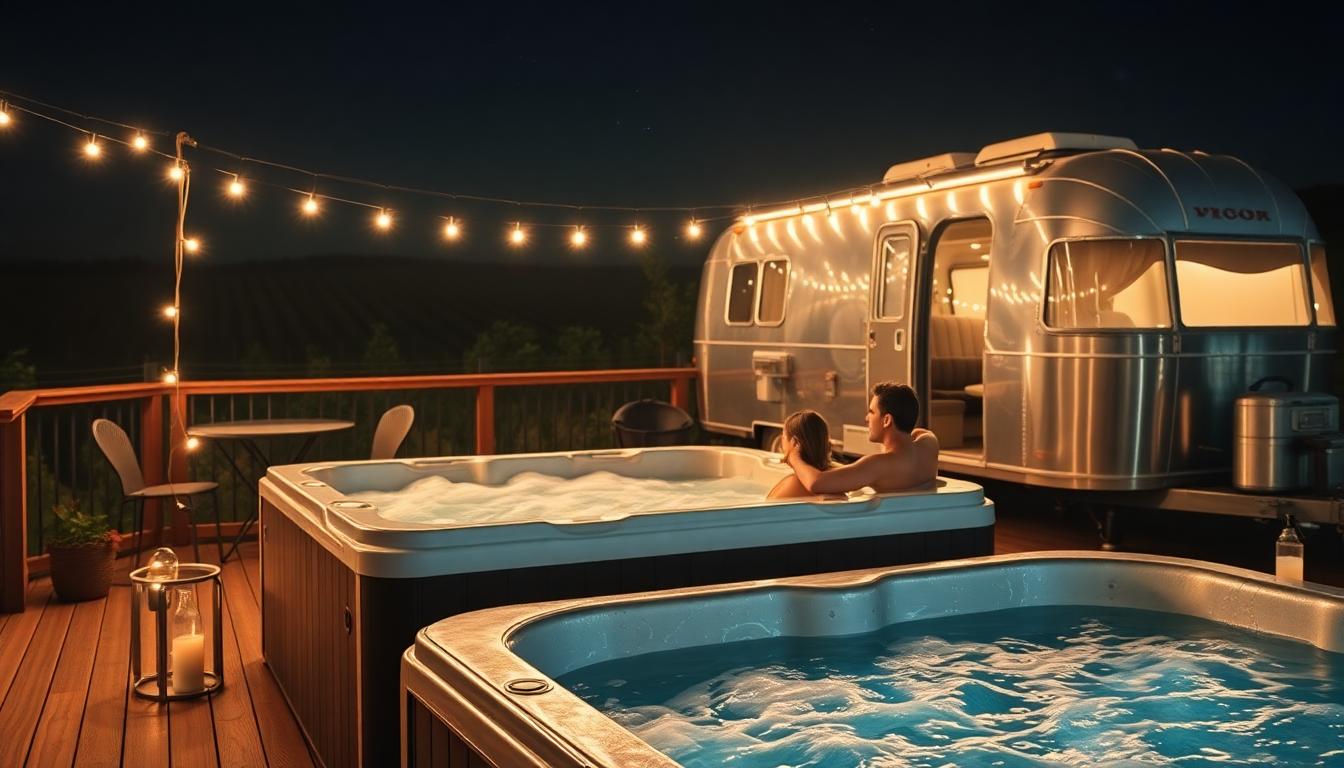 Private outdoor deck with hot tub, string lights, and vintage Airstream in Napa Valley at night.