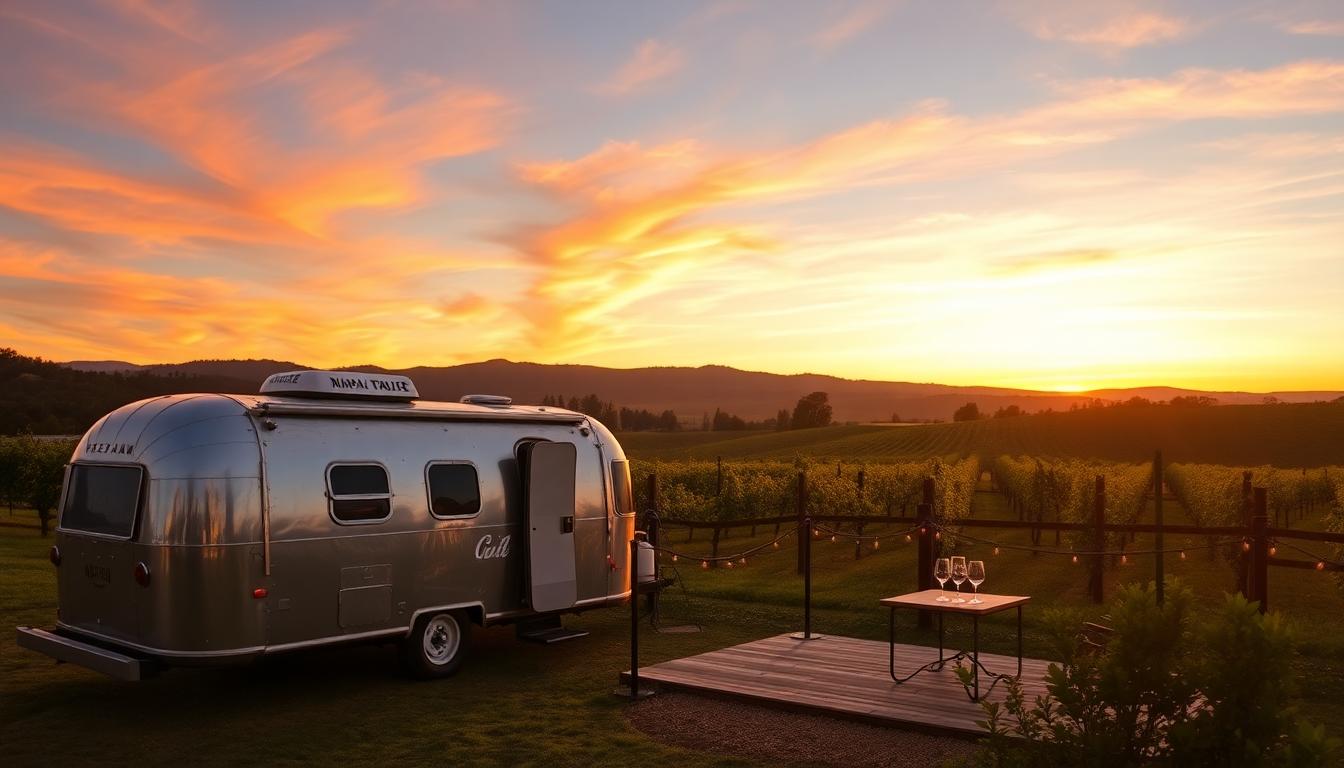 Napa Valley vineyard at sunset with vintage Airstream and wine glasses - romantic-vintage-airstream-glamping-napa-valley-2025.jpg