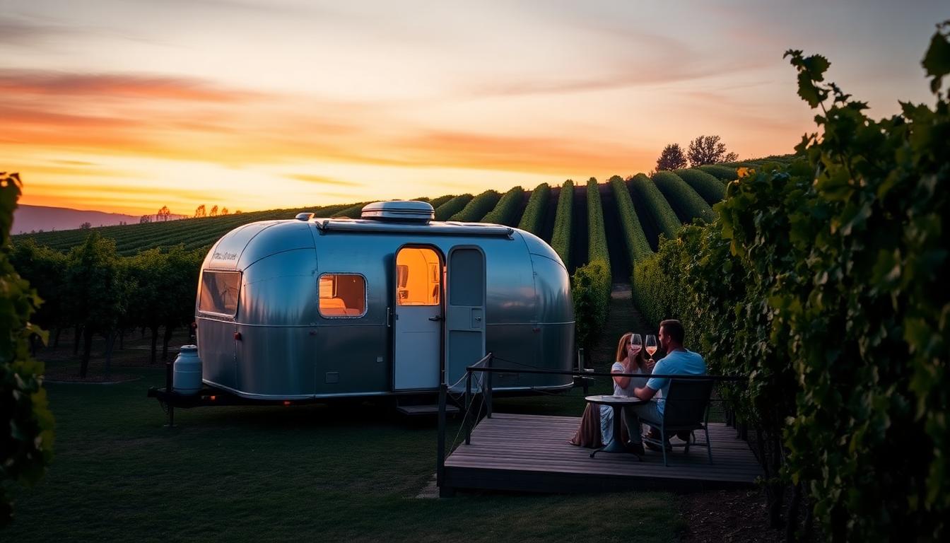 Napa Valley vineyard at sunset with a vintage Airstream trailer parked among grapevines, couple enjoying a private moment with two wine glasses on a deck. Soft glow of lights, warm tones, dreamy romantic vibe. Realistic photography style.