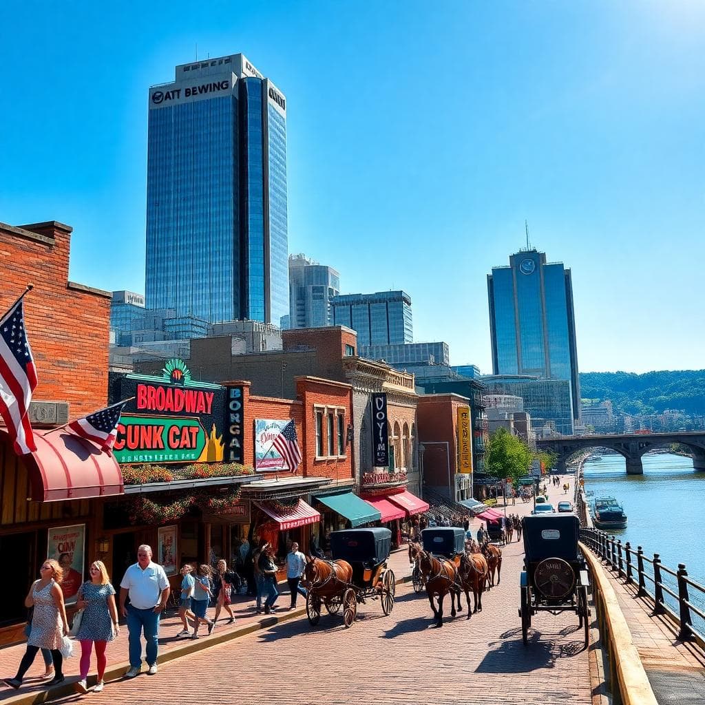 Nashville downtown skyline with Batman Building and Broadway lights, festive December family destination