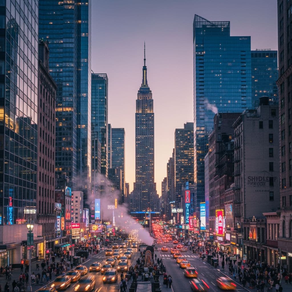 New York City skyline at dusk with holiday lights, festive atmosphere for families in December