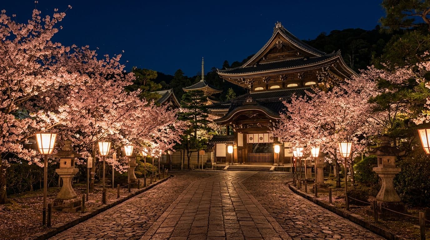 Cherry blossom trees surround a historic Kyoto temple at night