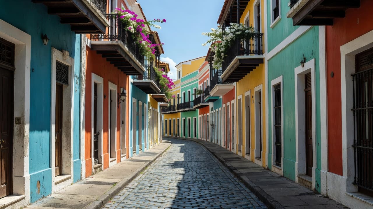 Vibrant colonial buildings with ornate wrought-iron balconies filled with blooming flowers line a narrow historic cobblestone street in Old San Juan.
