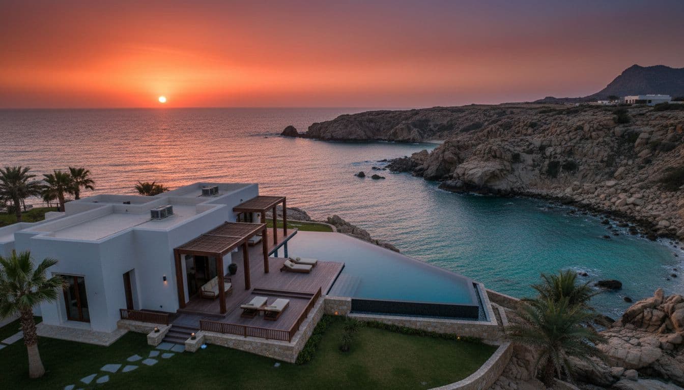 Aerial view of single villa with infinity pool overlooking turquoise sea and rugged coast at sunset.