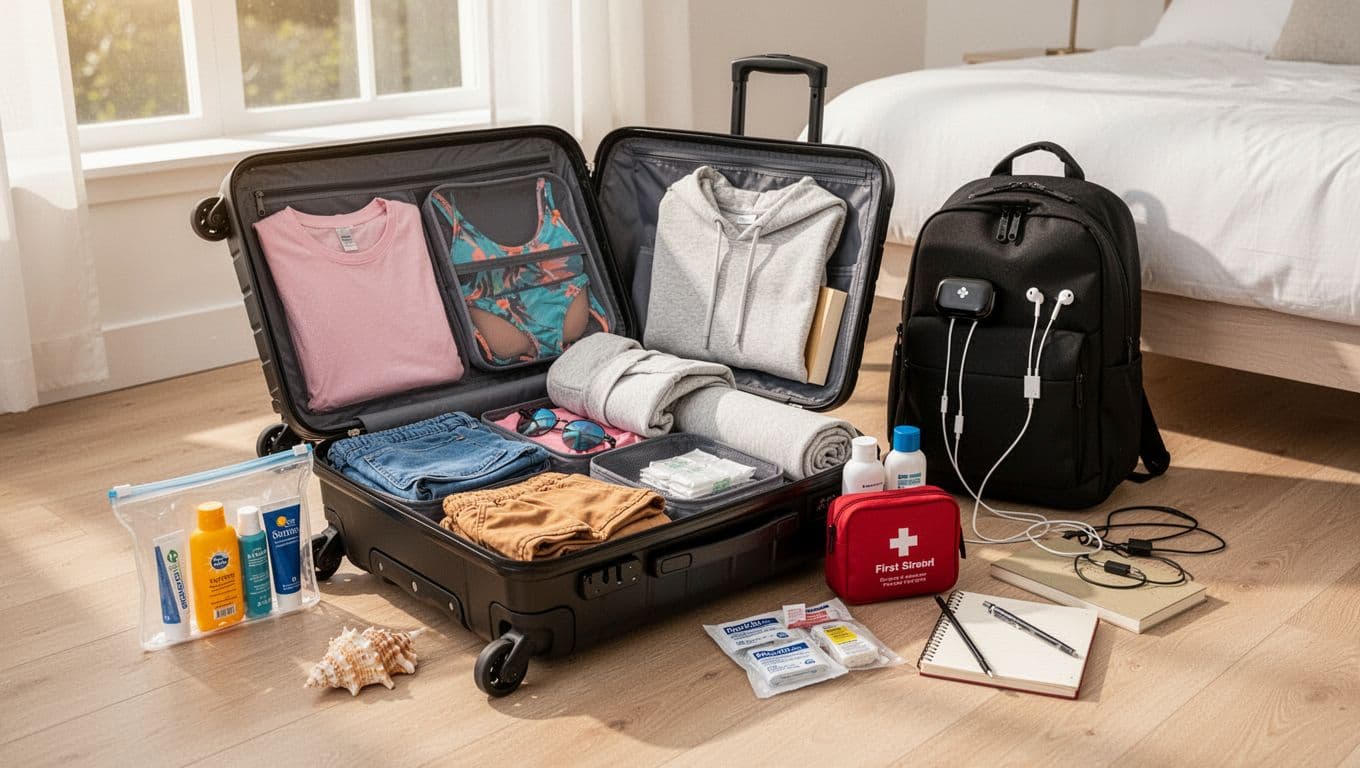 Photorealistic view of an open black carry-on roller suitcase neatly packed with spring clothes, packing cubes, TSA liquids bag, first-aid kit, and a personal backpack on a light wooden floor in a sunny bedroom.