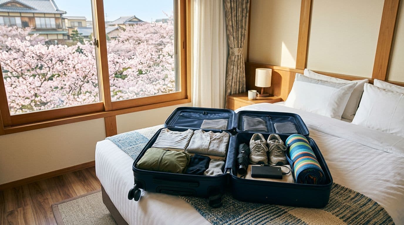 An open suitcase on a bed in a sunlit hotel room reveals neatly packed light layers and travel essentials