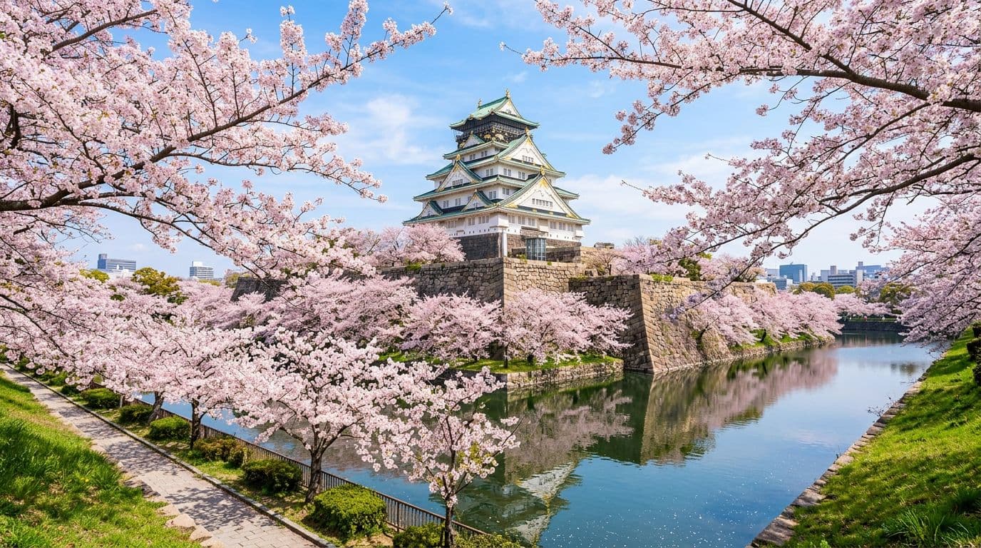 Cherry blossoms in full bloom surround Osaka Castle on a sunny afternoon