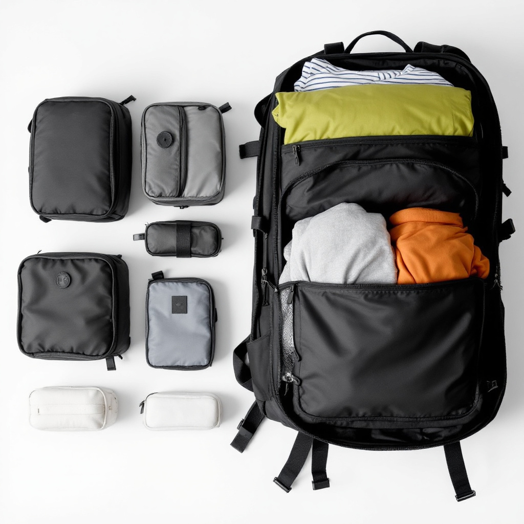 A packed carry-on backpack with organized packing cubes and minimalist essentials—ideal for solo female travel 2025. Image created with AI.