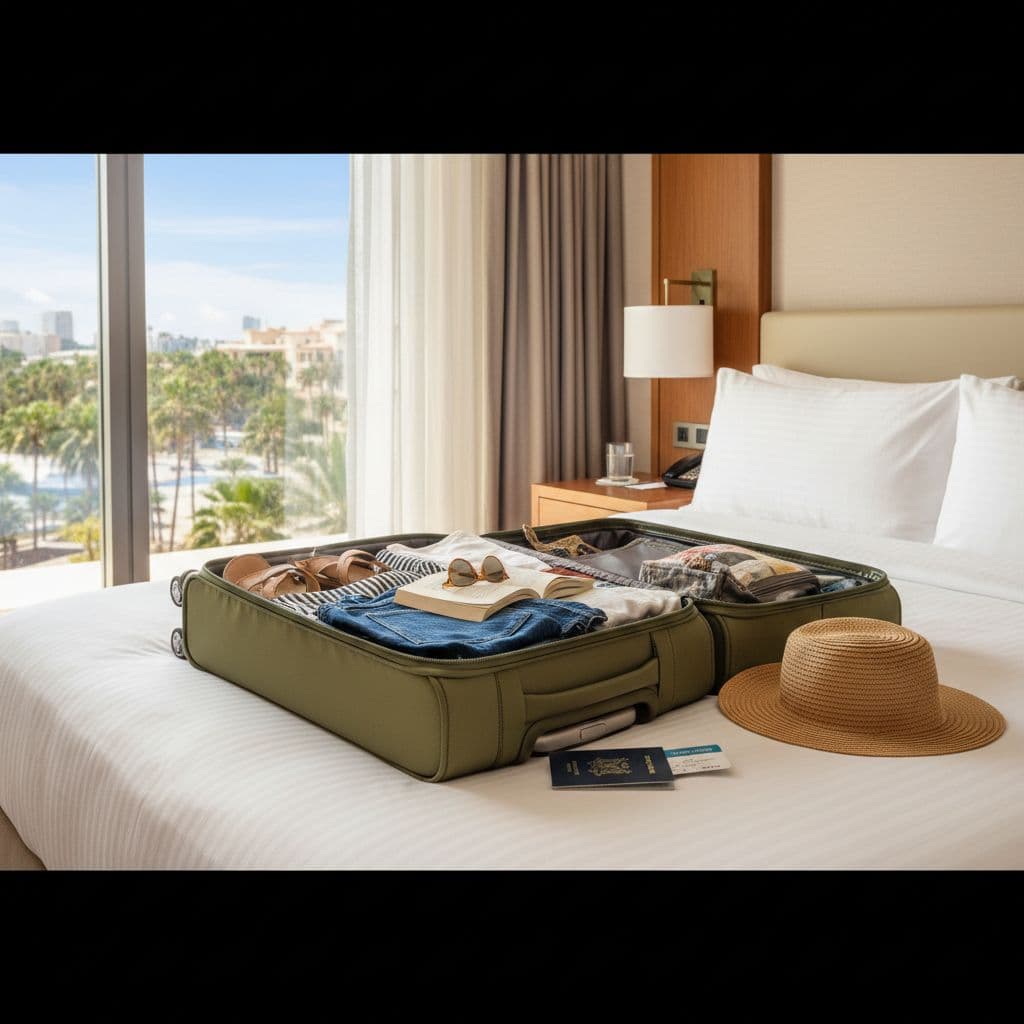 An open suitcase filled with folded clothing sits on a crisp white hotel bedspread.