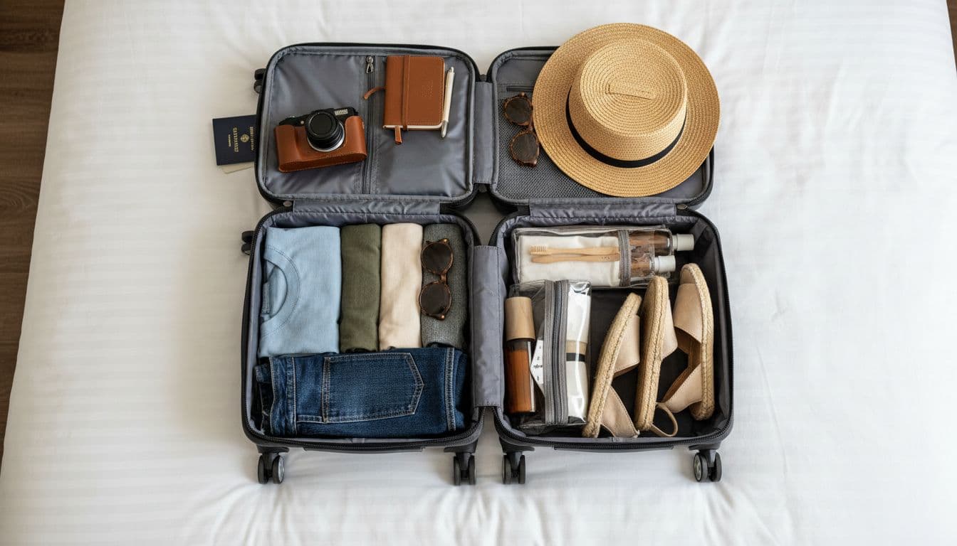 An open suitcase lies flat on a soft bed surface, filled with neatly folded shirts, rolled trousers, and travel accessories. The minimalist arrangement highlights a structured approach to efficient trip preparation.
