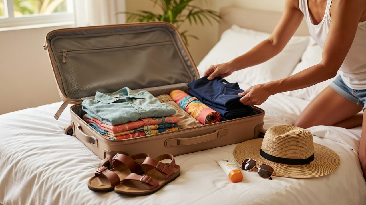 An open suitcase rests on a bed filled with folded floral dresses straw sandals and sunscreen bottles being carefully arranged for a sunny winter getaway.