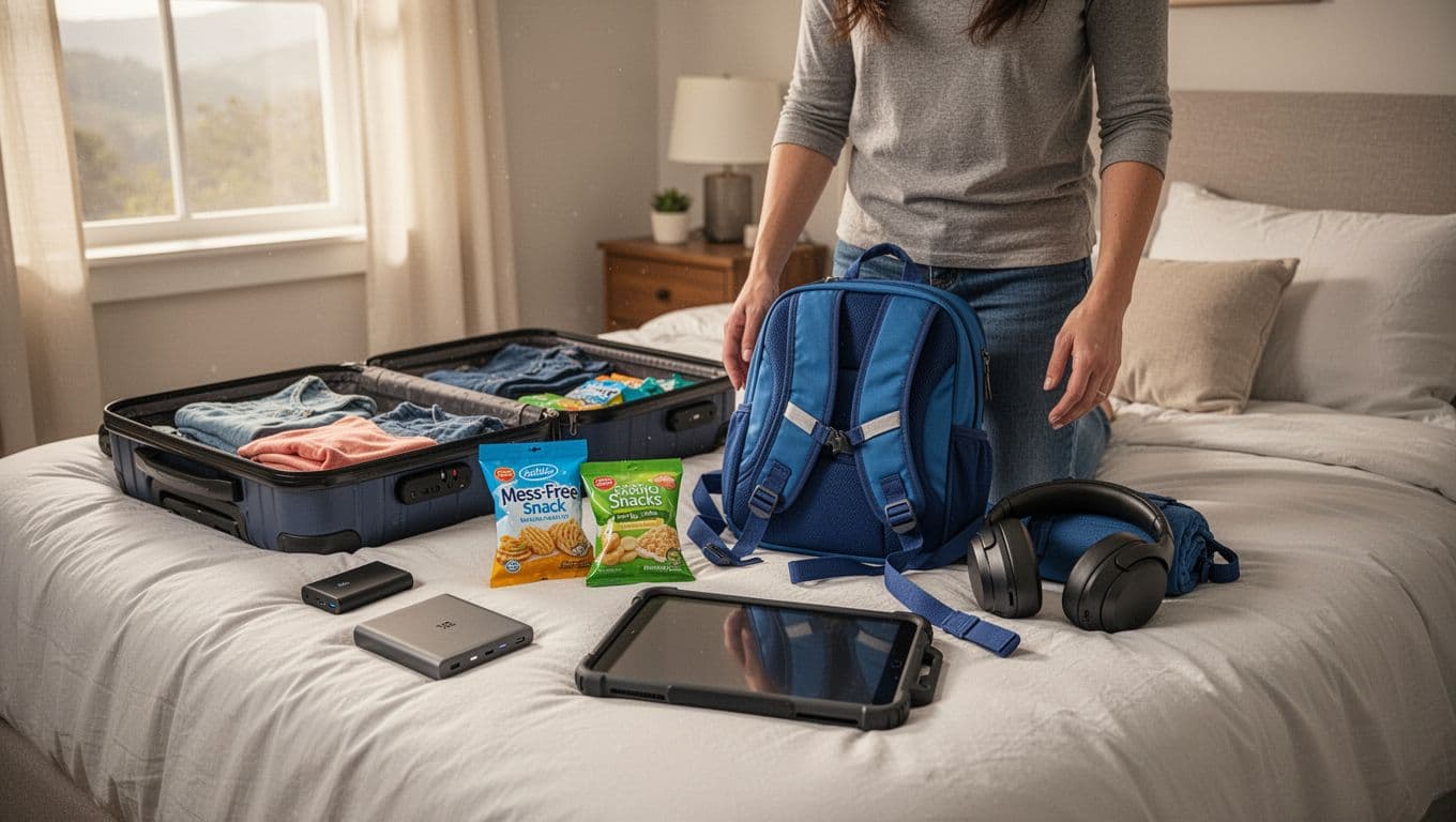 Parent arranging travel gear including power bank, snack packs, toddler harness backpack, noise-canceling headphones, and tablet case on bed next to open suitcase