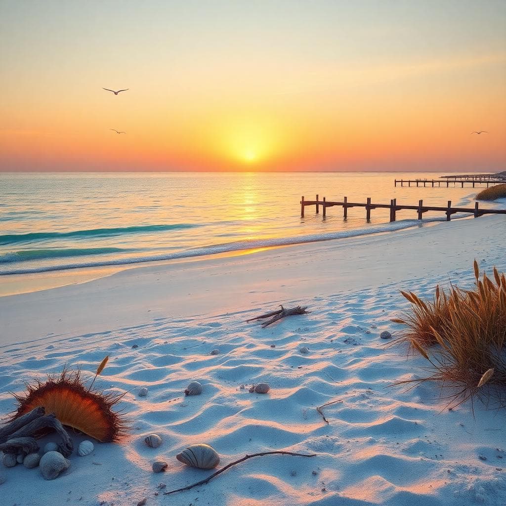 Pascagoula Gulf Coast sunset with calm waters and sandy shoreline