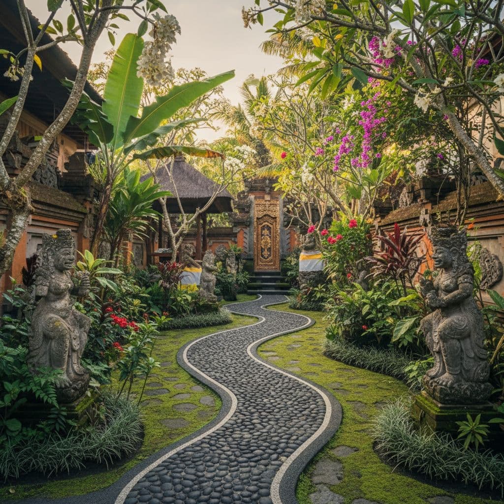 A mossy stone path winds through a quiet tropical garden filled with lush flowers and traditional statues.