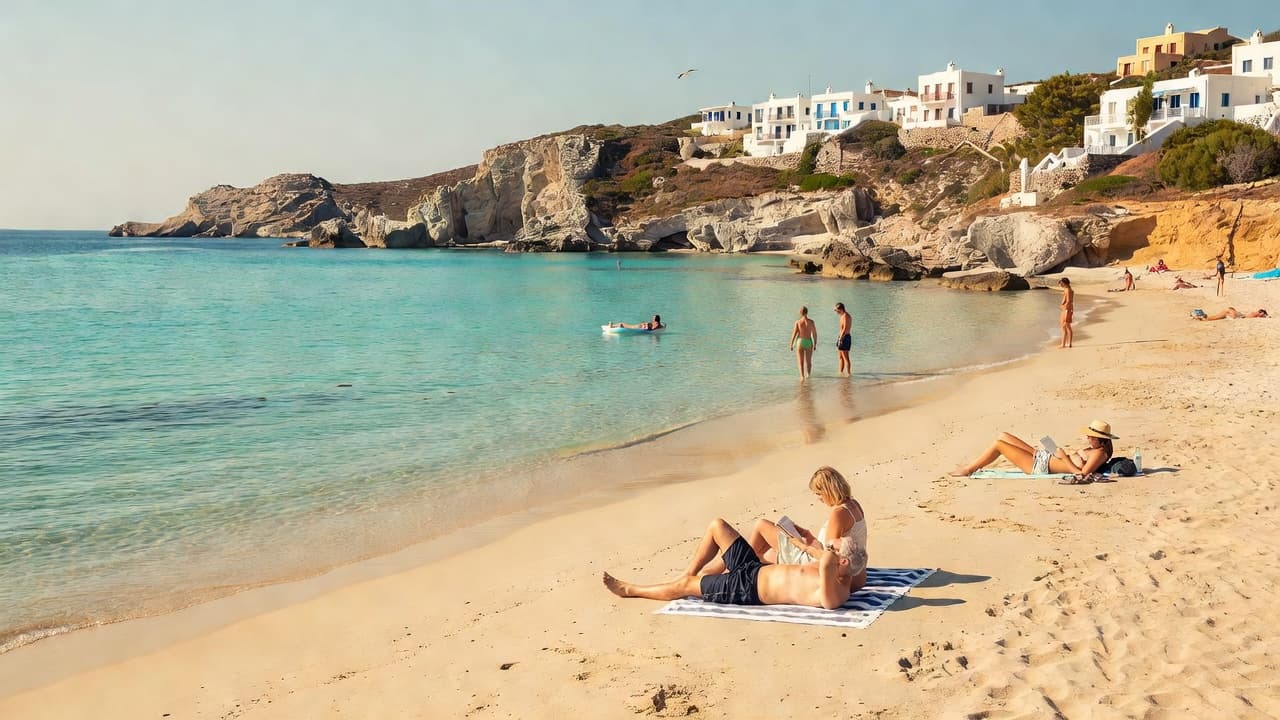 Turquoise waves gently lap onto pristine sand where a few sunbathers relax under a bright summer sky on a serene Greek beach.