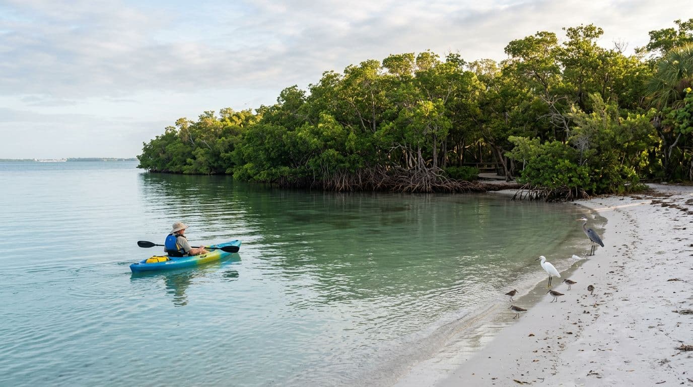Tranquil scene at South Lido Beach and Nature Park in Sarasota, Florida, with one kayaker in shallow calm bay waters, sandy beach, birds on shore, mangrove trails and trees in soft morning light.