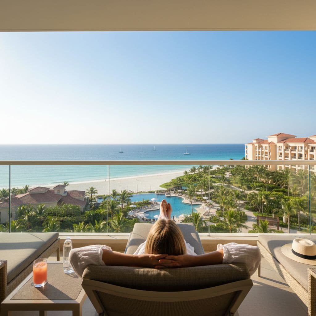 A person stands on a balcony looking out over a sunny tropical beach and resort.