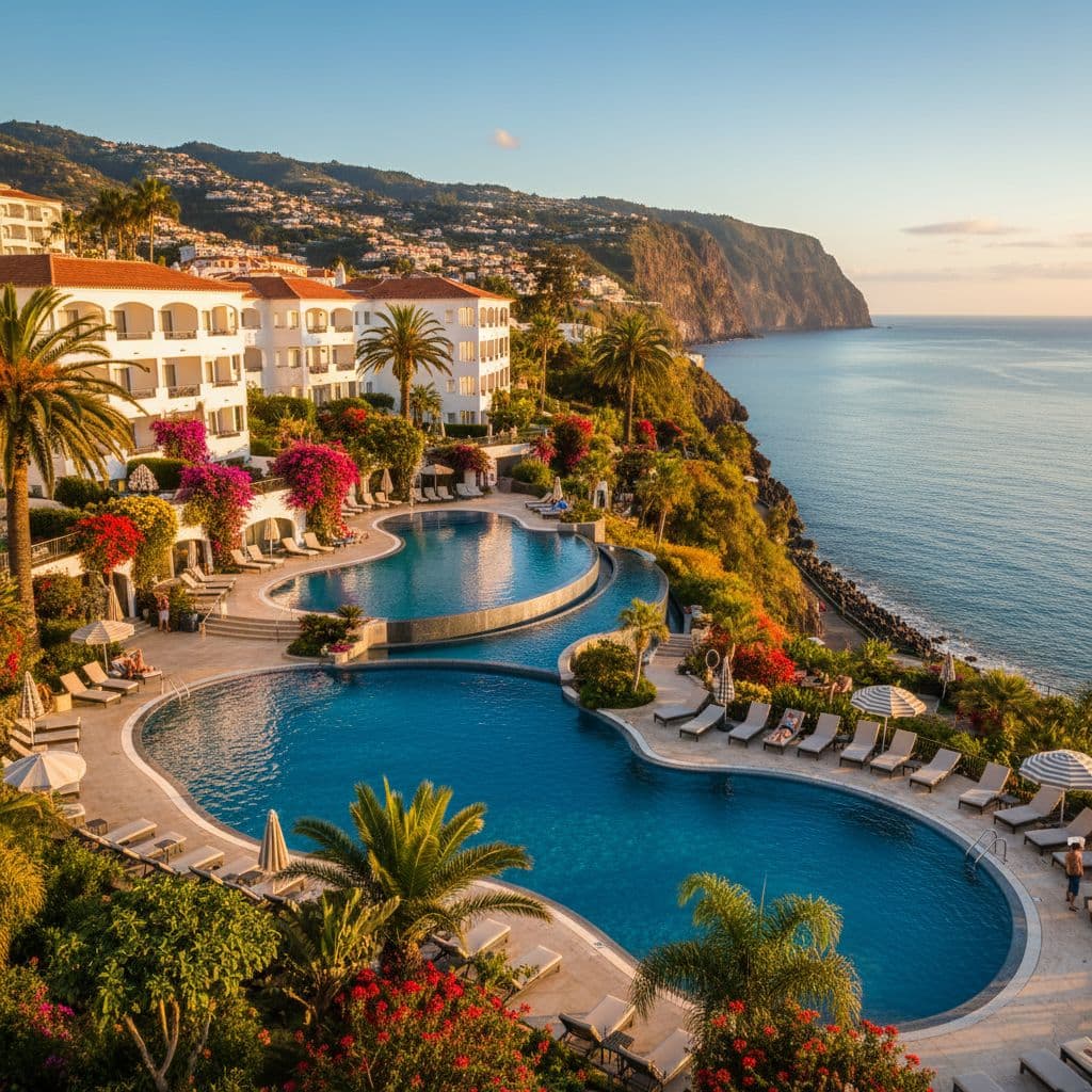 Pestana Royal All Inclusive resort infinity pools at sunset in Funchal, Madeira