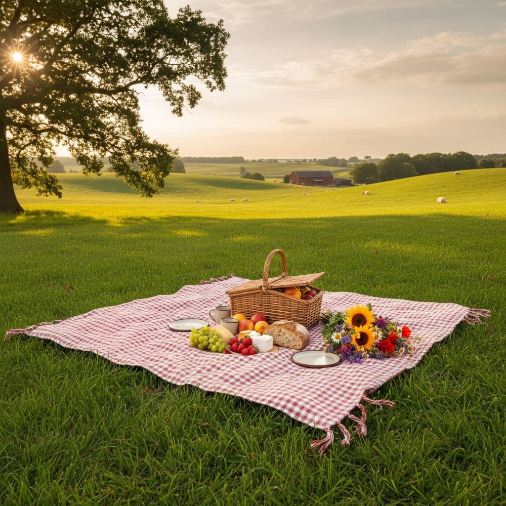Picnic blanket with basket of fruit and flowers on green farm lawn.
