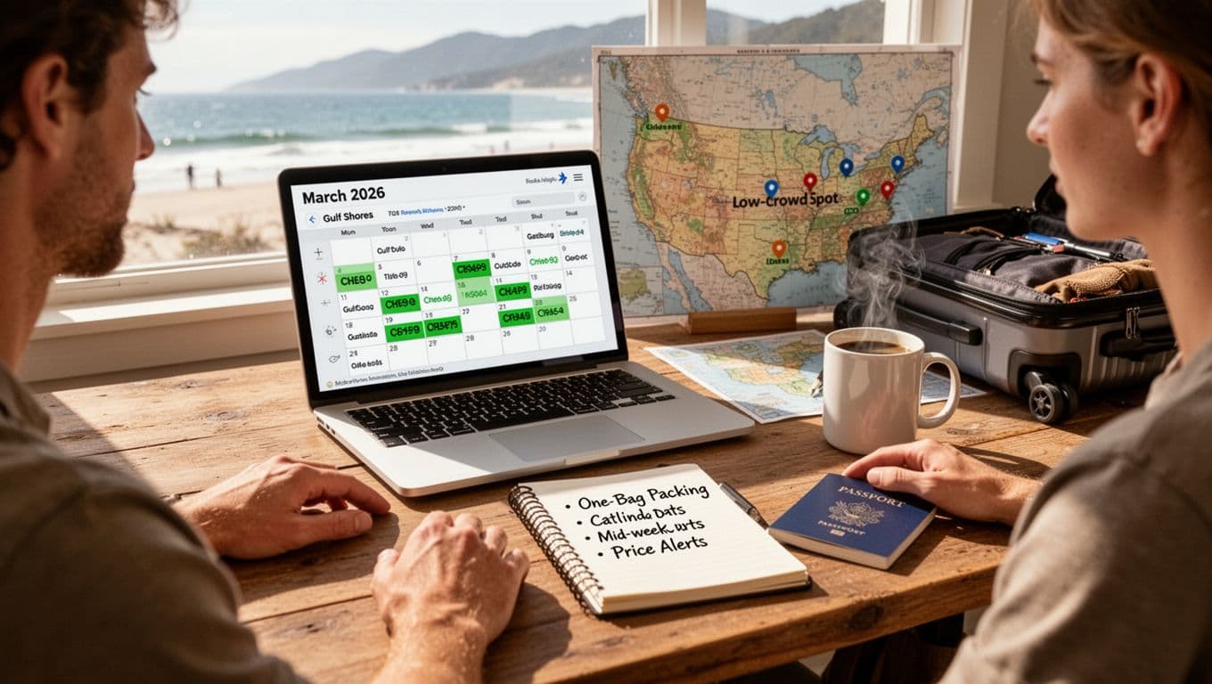 Photorealistic scene of a traveler at a sunny wooden desk organizing a budget spring break trip for March 2026, featuring a laptop with highlighted affordable flights to Gulf Shores or Gatlinburg, notebook with packing notes, US map, passport, carry-on bag, and steaming coffee mug in serene morning light.