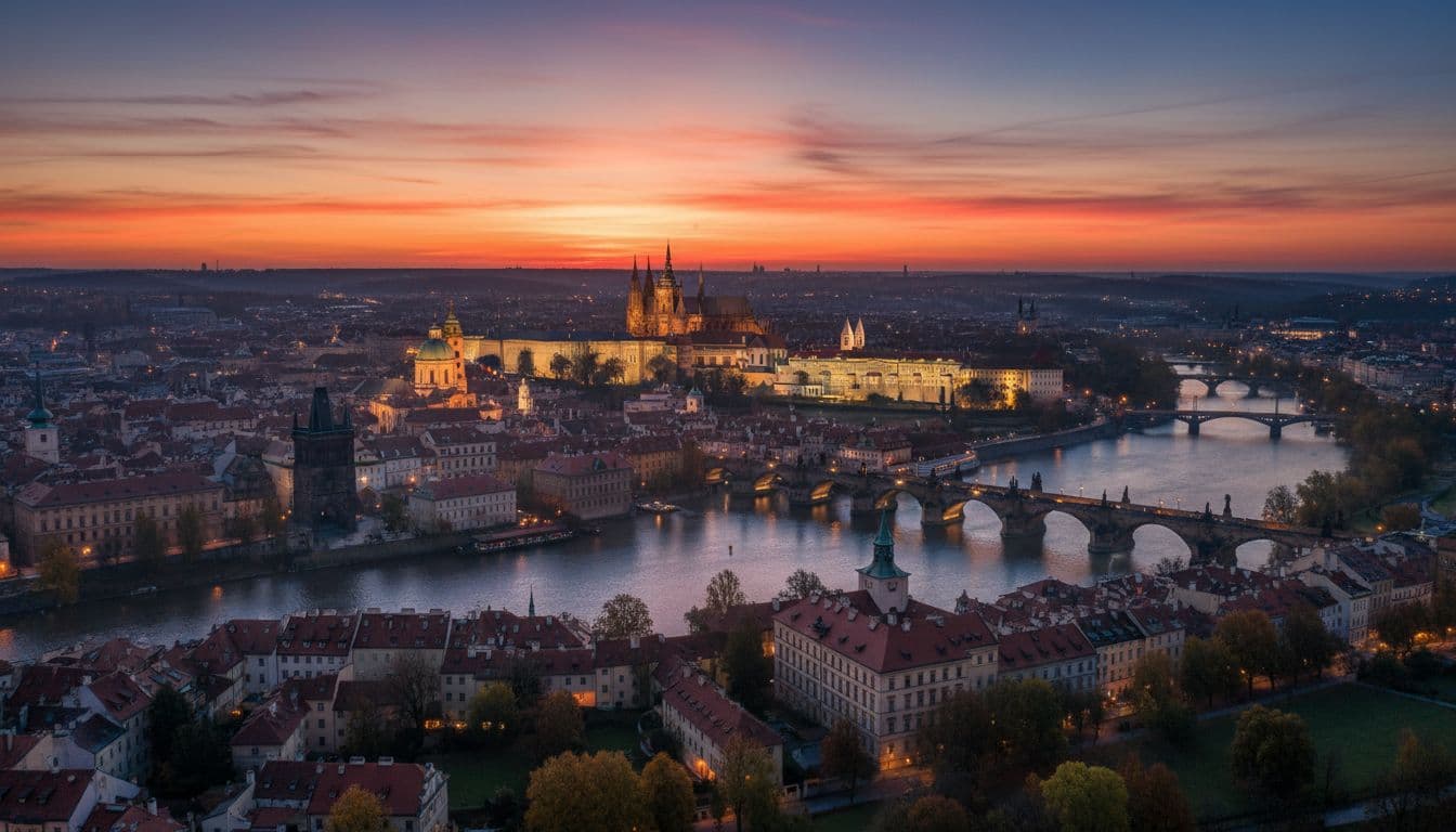 Prague Castle aerial view at sunset over Vltava River in 2026 for US travelers seeking affordable vacation packages