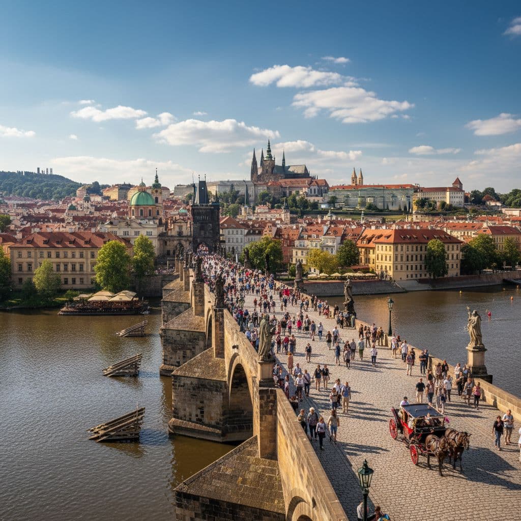 Panoramic view of Charles Bridge and Vltava River in Prague 2026 for US travelers seeking affordable all-inclusive style vacation packages