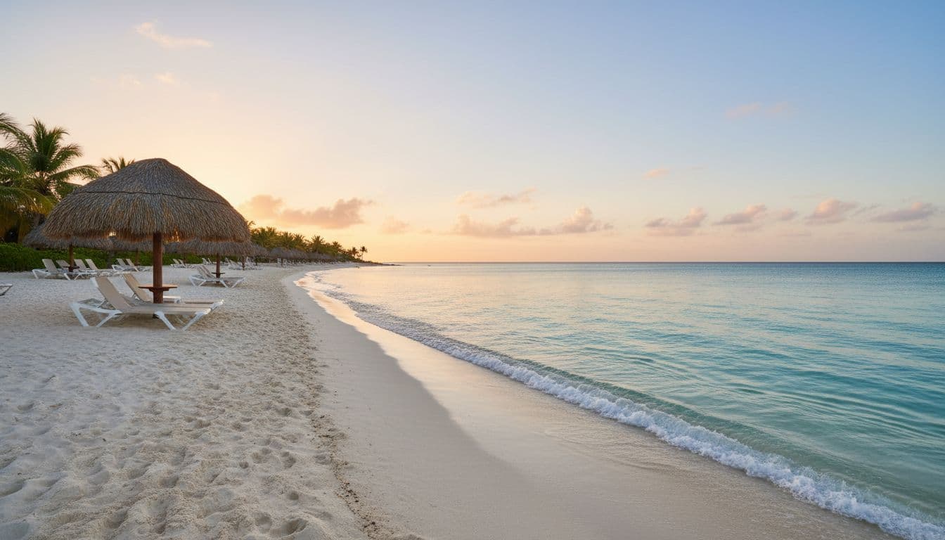 Empty lounge chairs sit under straw umbrellas on a serene white sand beach in Punta Cana.