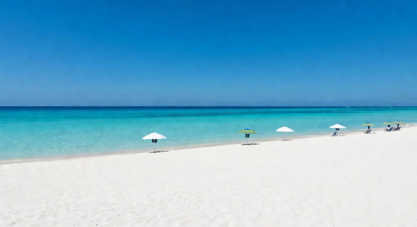 Vibrant turquoise waves gently roll onto the bright white sands of a secluded Mexican shoreline with sun-bleached umbrellas scattered along the vast coastal stretch under a deep azure sky.