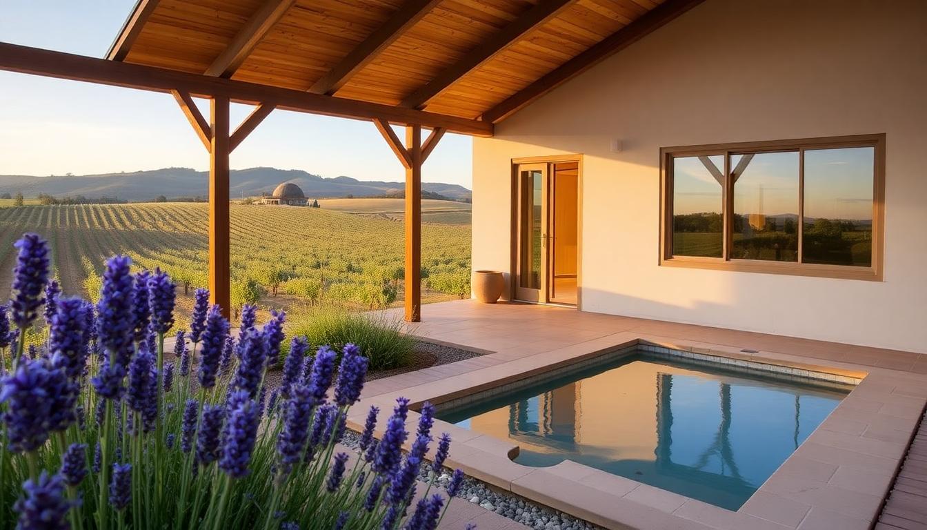 A private hillside cottage at Carneros Resort with a small plunge pool, surrounded by lavender, wildflowers, and vineyards. Eco-friendly design and tranquil vibe. Image created with AI, representing romantic affordable spa resorts Napa 2025.