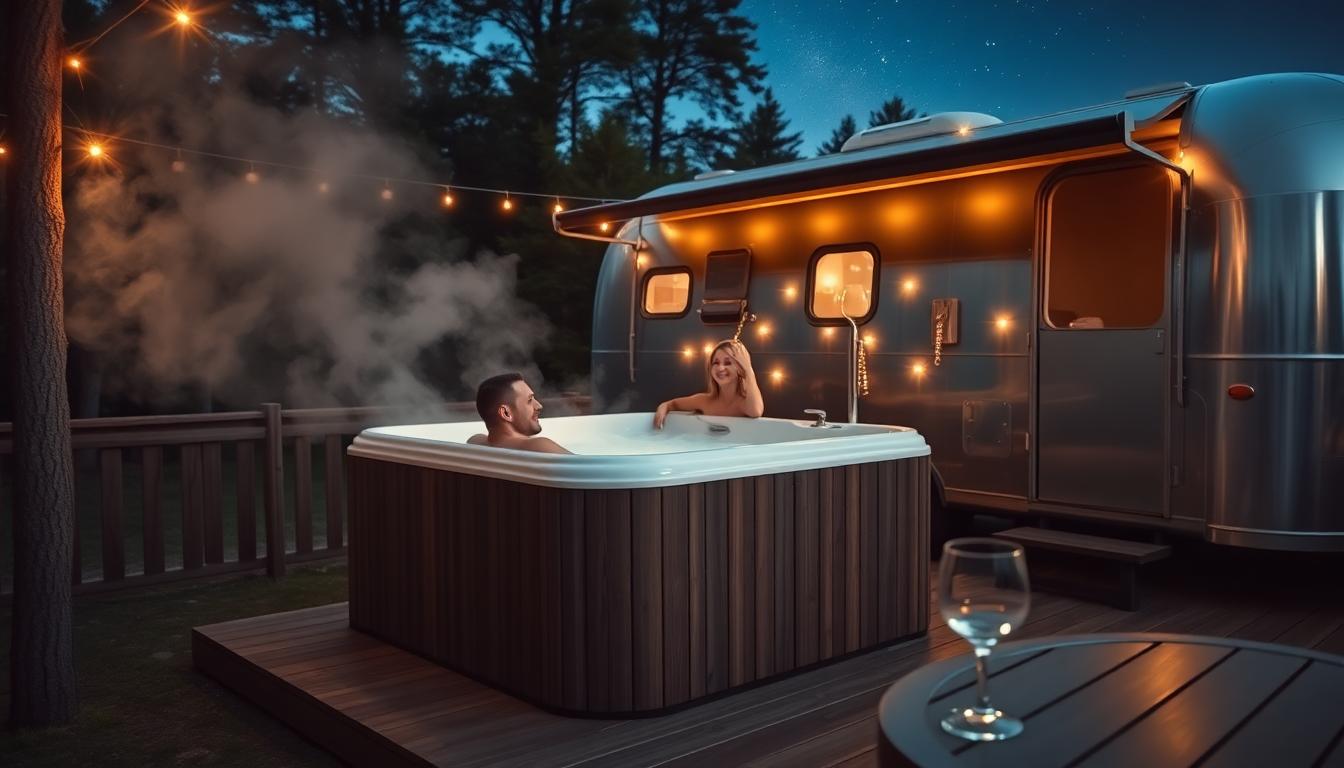 A private outdoor hot tub on a wooden deck beside a vintage Airstream, surrounded by trees and warm lighting under the stars.