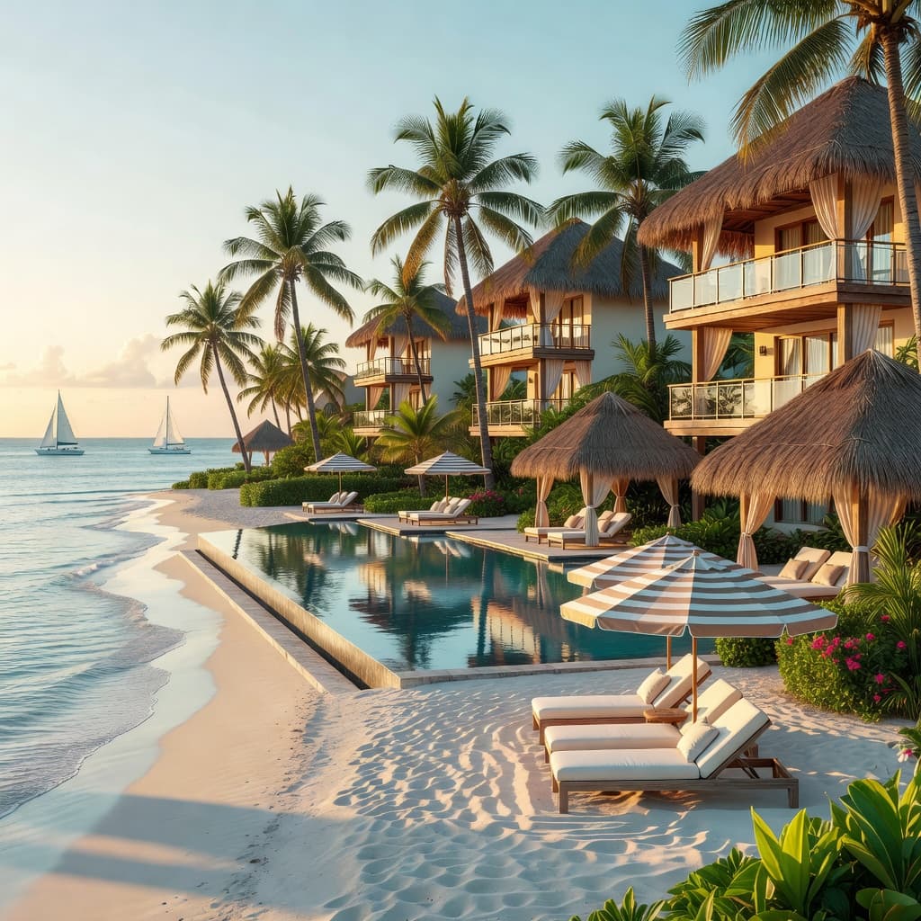 Luxury beachfront resort in Puerto Rico featuring an infinity pool overlooking the turquoise Caribbean ocean on a sunny summer day.
