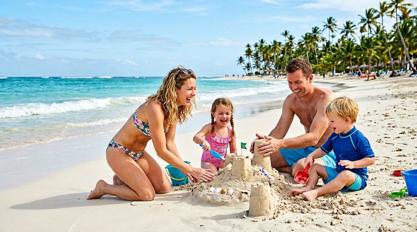 A joyful family of four with two young children builds a sandcastle on a sunny white-sand beach in Punta Cana, Dominican Republic, with calm turquoise ocean waves and swaying palm trees in the background.