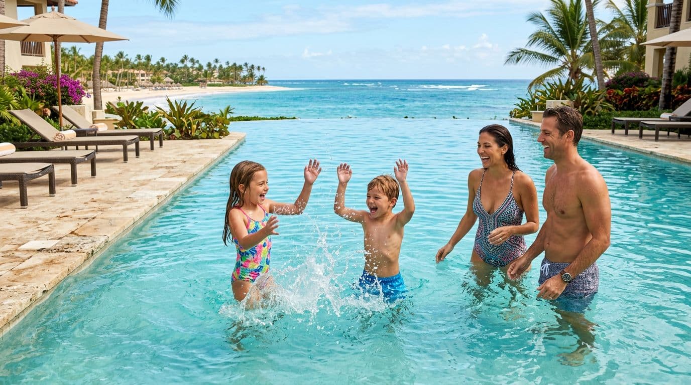 Excited children splashing in a large resort infinity pool overlooking the ocean in Punta Cana, Dominican Republic, with parents watching nearby.