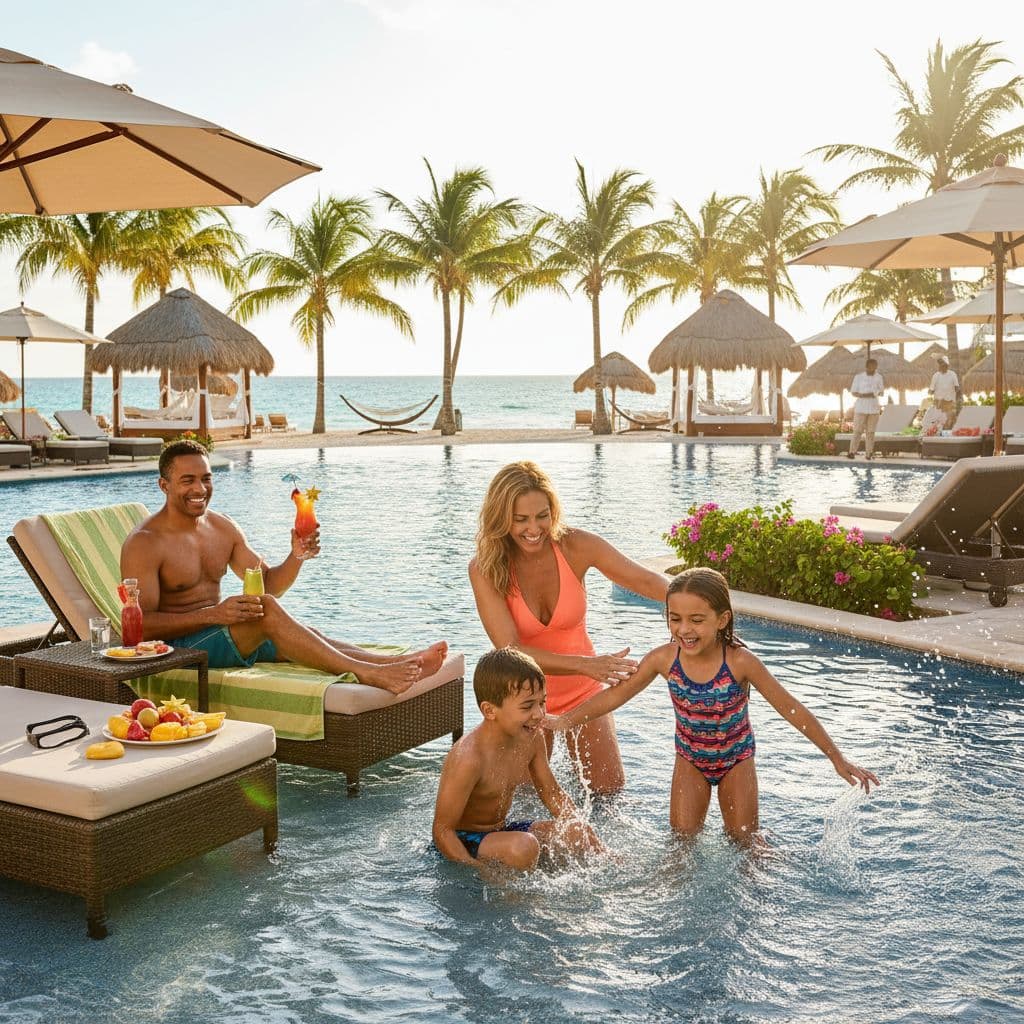 Family enjoying an infinity pool at a Punta Cana all-inclusive resort with ocean view in 2026