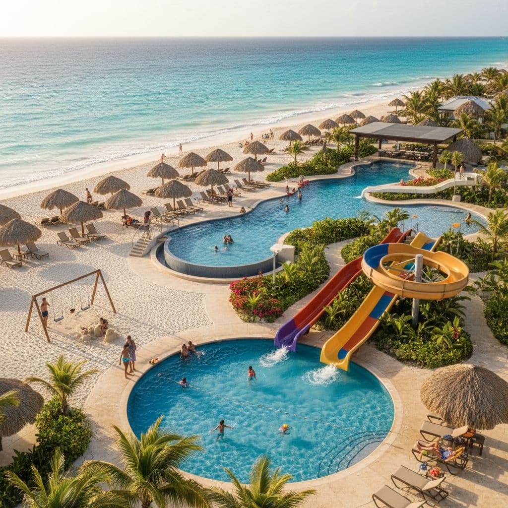 Family relaxing on a calm beach at a Punta Cana all-inclusive resort in 2026 with turquoise water and palm trees