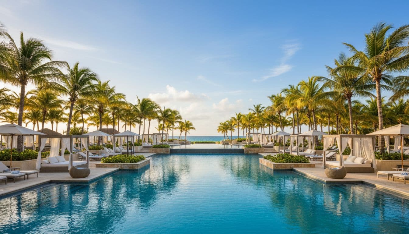 A tranquil swimming pool sparkles under a clear blue sky, surrounded by manicured tropical gardens and empty lounge chairs beneath swaying palm trees.