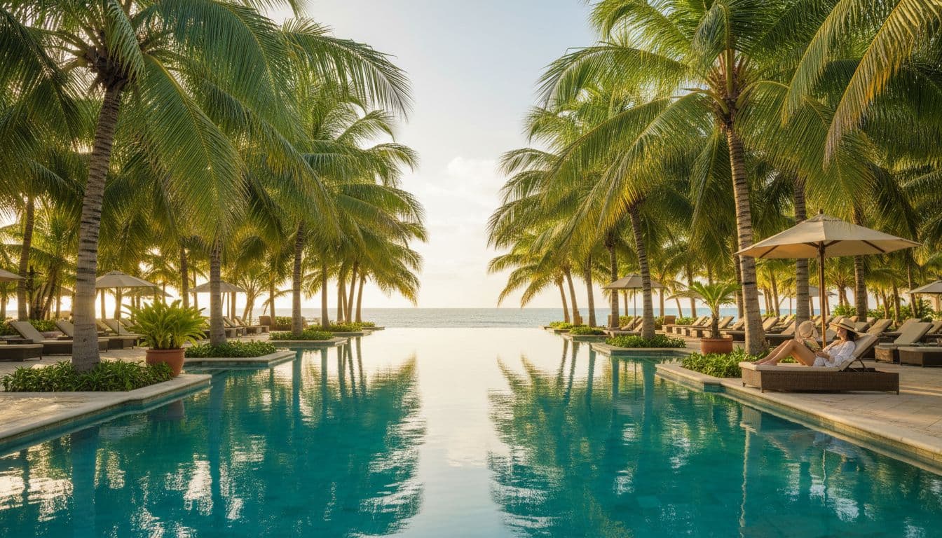 A person relaxes on a lounge chair beside a turquoise pool surrounded by lush palm trees.
