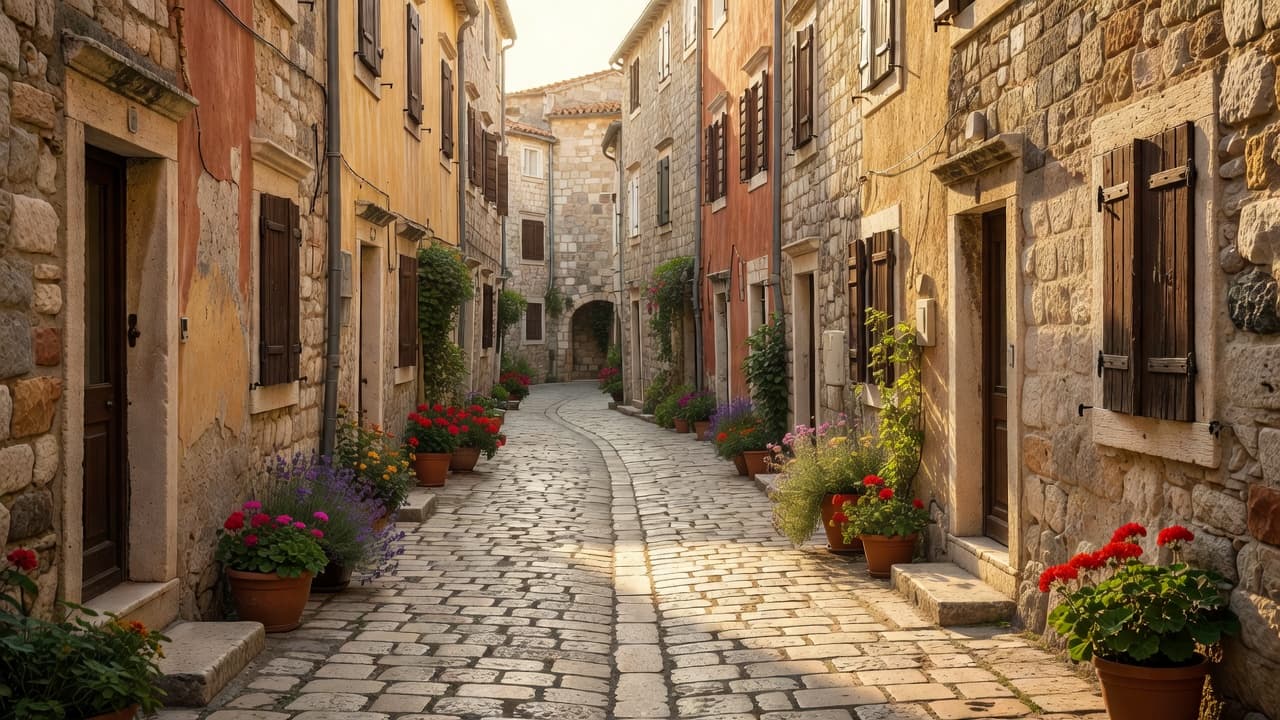 Vibrant pink flowers spill from terracotta pots along a narrow cobblestone path with sunlight illuminating rustic stone facades and weathered wooden shutters.