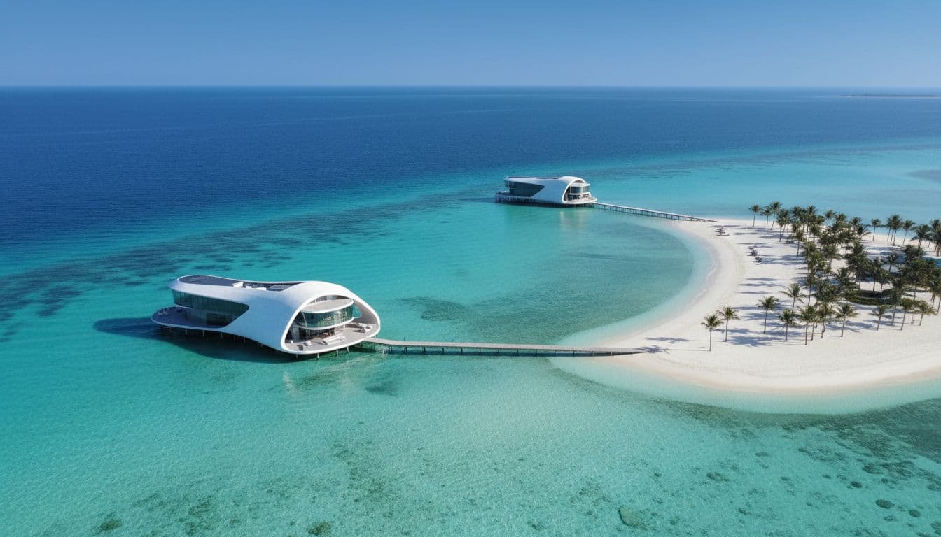 Aerial view of two minimalist overwater villas on secluded Red Sea island with clear lagoon, white sand beach, and palms.