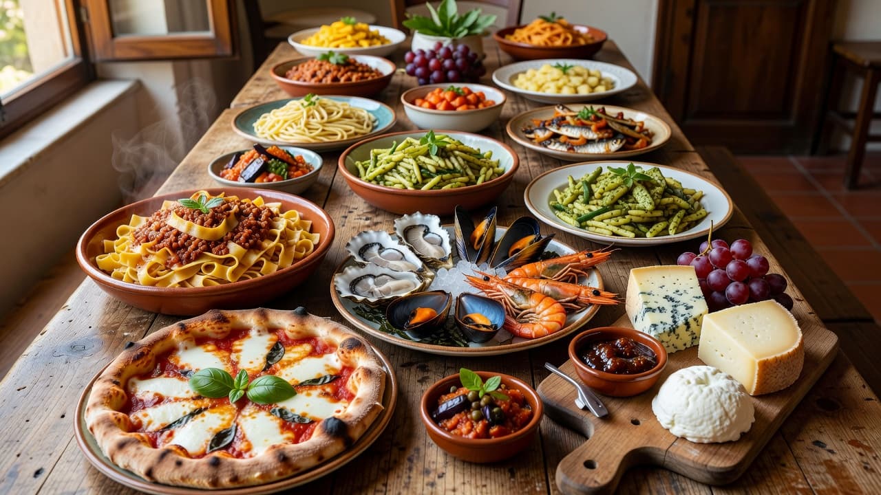 A rustic wooden table overflows with authentic Italian dishes including hearty pasta bowls, wood-fired pizza, fresh Mediterranean seafood, and wedges of local cheese with bright natural light highlighting vibrant food textures.