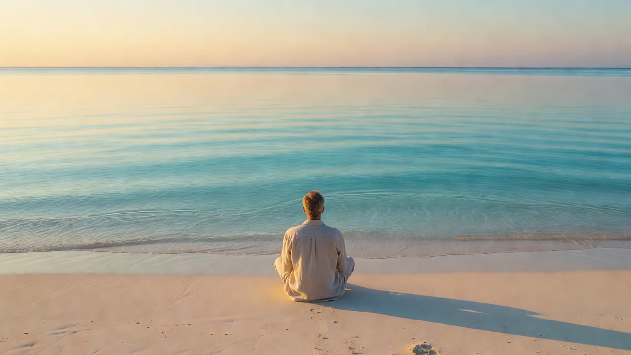 A solitary individual sits on white sand facing a turquoise Caribbean ocean at sunset with warm golden light illuminating gentle waves.