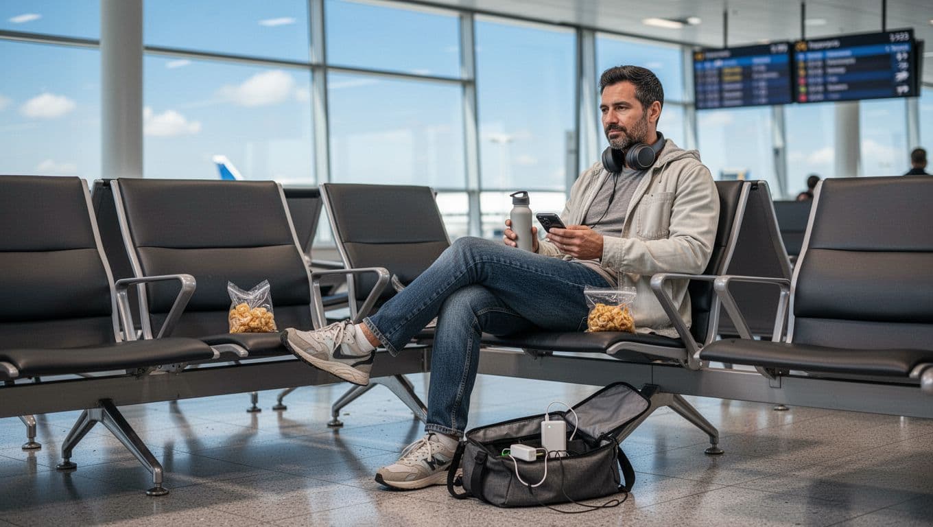 Photorealistic daytime scene in a modern airport gate area with large windows showing blue sky and empty seating rows. A single relaxed adult traveler sits with legs crossed, wearing layered casual clothing, holding a smartphone and water bottle, with headphones around neck and open bag at feet.