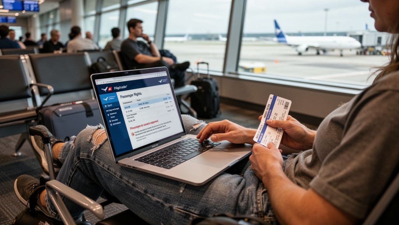 A traveler sits at an airport gate with a laptop open on their lap, reviewing flight details. They hold a boarding pass, in casual clothes with a relaxed pose, against a blurred airport background with tarmac view.