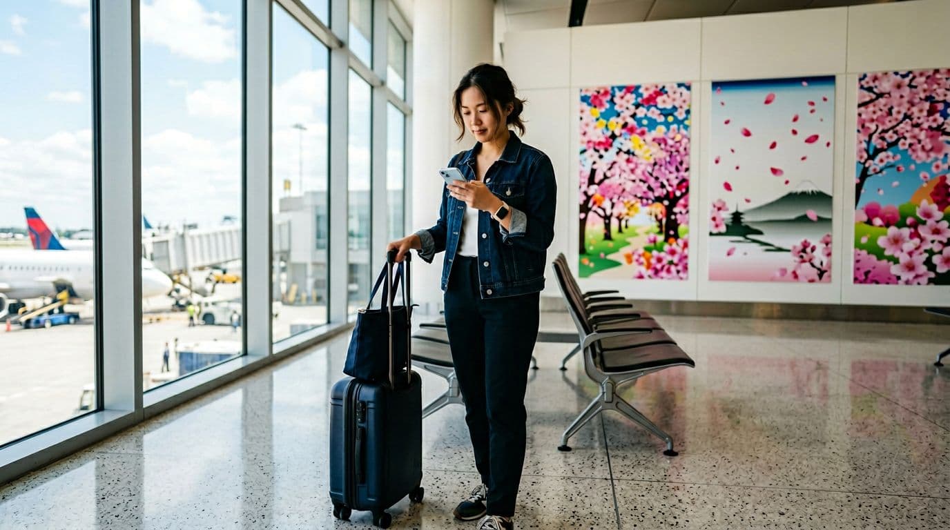 A relaxed solo traveler checks their phone for flights in a modern airport terminal